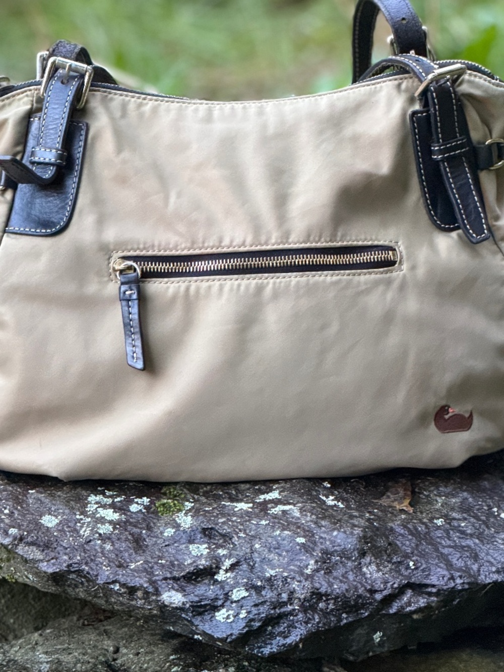 Dooney & Bourke AWL Nylon Shoulder Bag Khaki Black Leather Zip Top